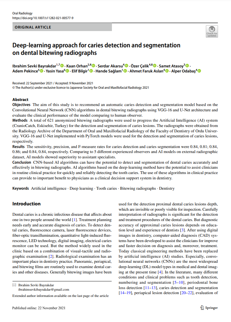 Deep-learning approach for caries detection and segmentation on dental bitewing radiographs