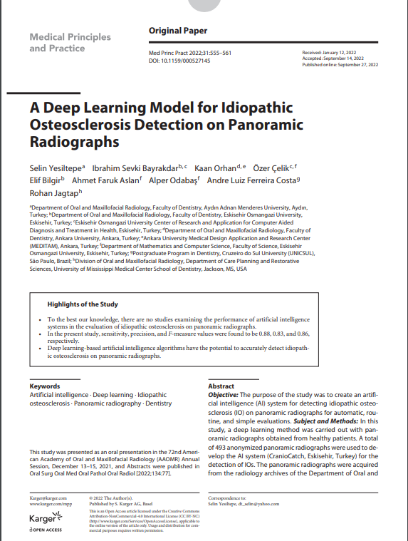 Panoramik Radyografilerde İdiyopatik Osteoskleroz Tespiti İçin Derin Öğrenme Modeli