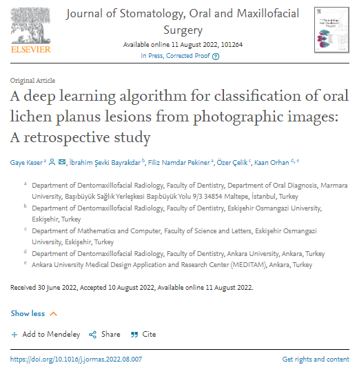 Oral liken planus lezyonlarının fotoğrafik görüntülerden sınıflandırılması için derin öğrenme algoritması: Retrospektif bir çalışma