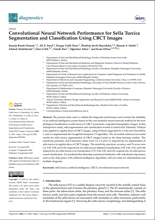 CBCT Görüntülerini Kullanarak Sella Turcica Segmentasyonu ve Sınıflandırması İçin Konvolüsyonel Sinir Ağı Performansı