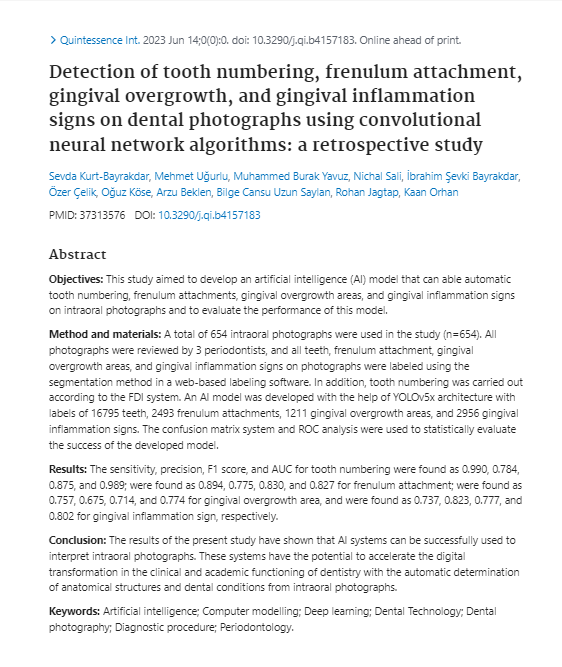 Diş fotoğrafları üzerinde konvolüsyonel sinir ağı algoritmaları kullanarak diş numaralandırma, frenulum bağlantısı, dişeti büyümesi ve dişeti iltihabı belirtilerinin tespiti: bir retrospektif çalışma.