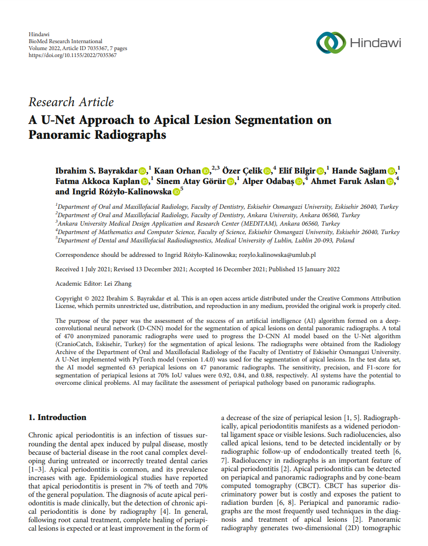 Panoramik Radyografilerde Apikal Lezyon Segmentasyonuna U-Net Yaklaşımı