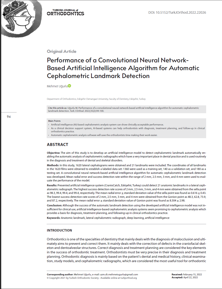 Otomatik Sefalometrik Yer İşareti Tespiti için Konvolüsyonel Sinir Ağı Tabanlı Yapay Zeka Algoritmasının Performansı