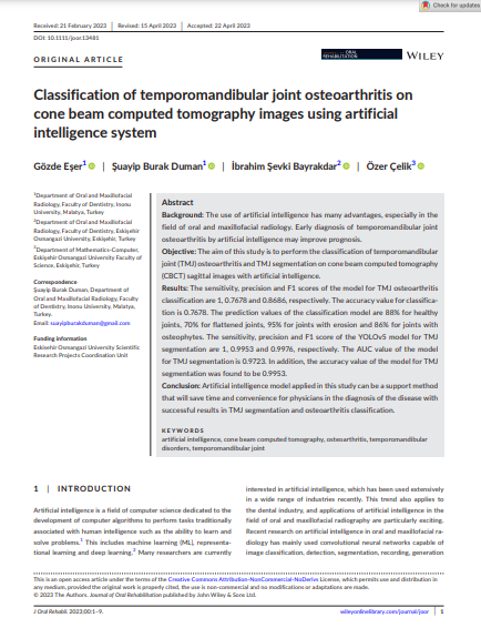 Yapay Zeka Sistemi Kullanarak Konik Işın Bilgisayarlı Tomografi Görüntülerinde Temporomandibular Eklem Osteoartritinin Sınıflandırılması