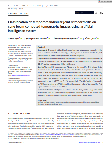 Yapay Zeka Sistemi Kullanılarak Koni Işınlı Bilgisayarlı Tomografi Görüntüleri Üzerinde Temporomandibular Eklem Osteoartritinin Sınıflandırılması