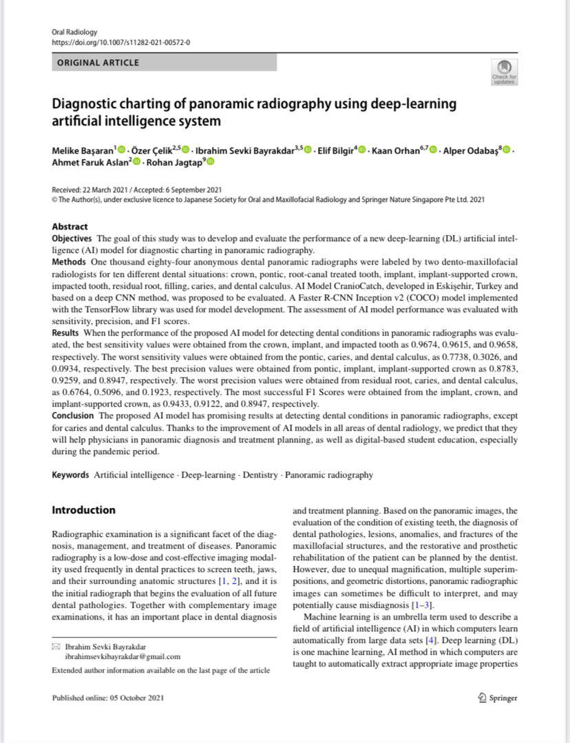Derin öğrenmeli yapay zeka sistemi kullanılarak panoramik radyografinin teşhis tablosu Derin öğrenmeli yapay zeka sistemi kullanılarak panoramik radyografinin teşhis çizelgesi