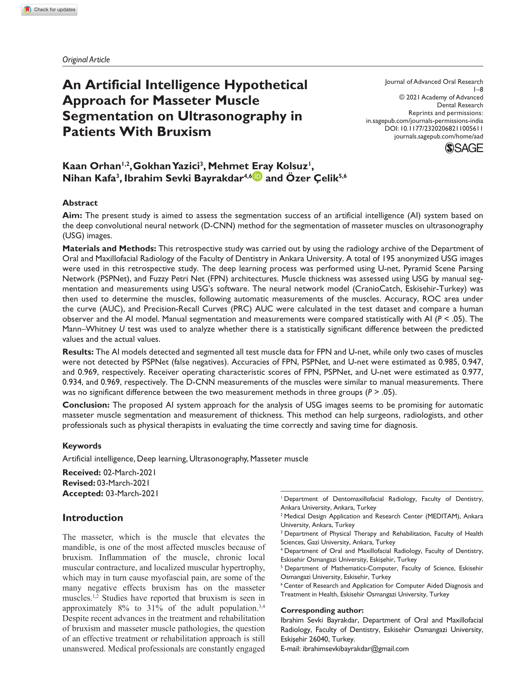 An Artificial Intelligence Hypothetical Approach for Masseter Muscle Segmentation on Ultrasonography in Patients With Bruxism