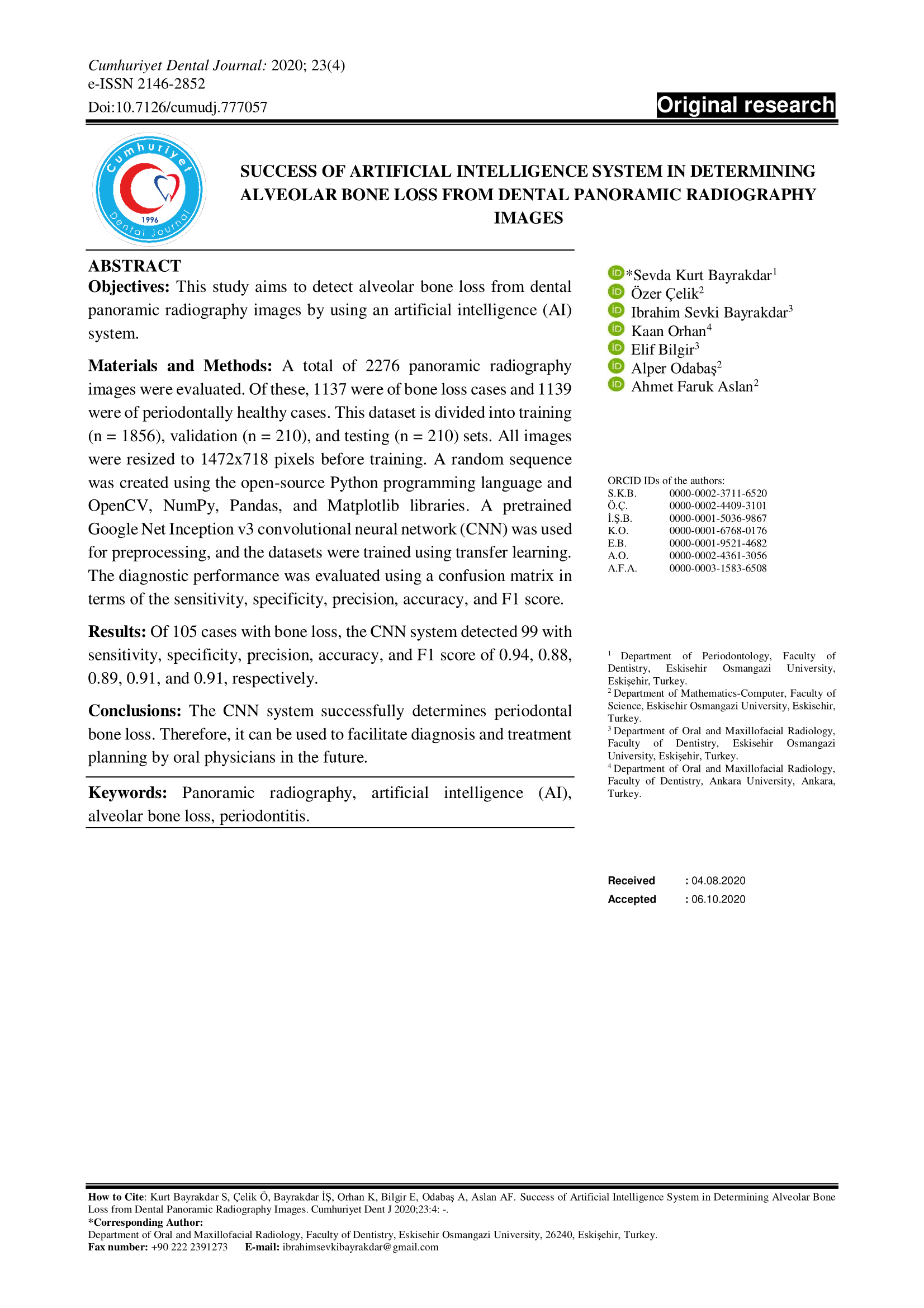 Yapay Zeka Sisteminin Dental Panoramik Radyografi Görüntülerinden Alveoler Kemik Kaybını Belirlemedeki Başarısı