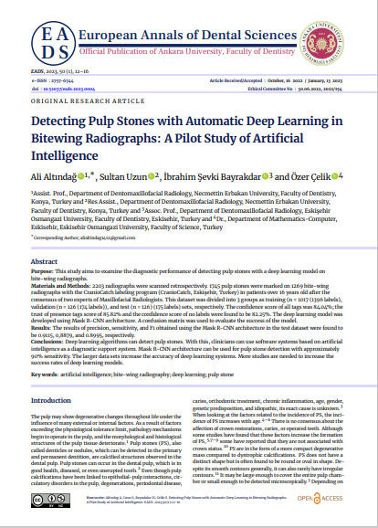 Bitewing Radyografilerinde Otomatik Derin Öğrenme ile Pulpa Taşlarının Tespiti: Yapay Zeka Pilot Çalışması