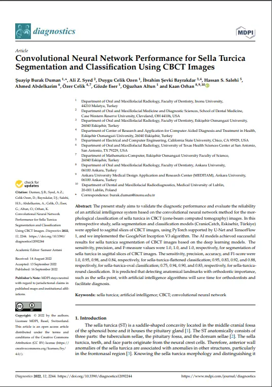 Convolutional Neural Network Performance for Sella Turcica Segmentation and Classification Using CBCT Images