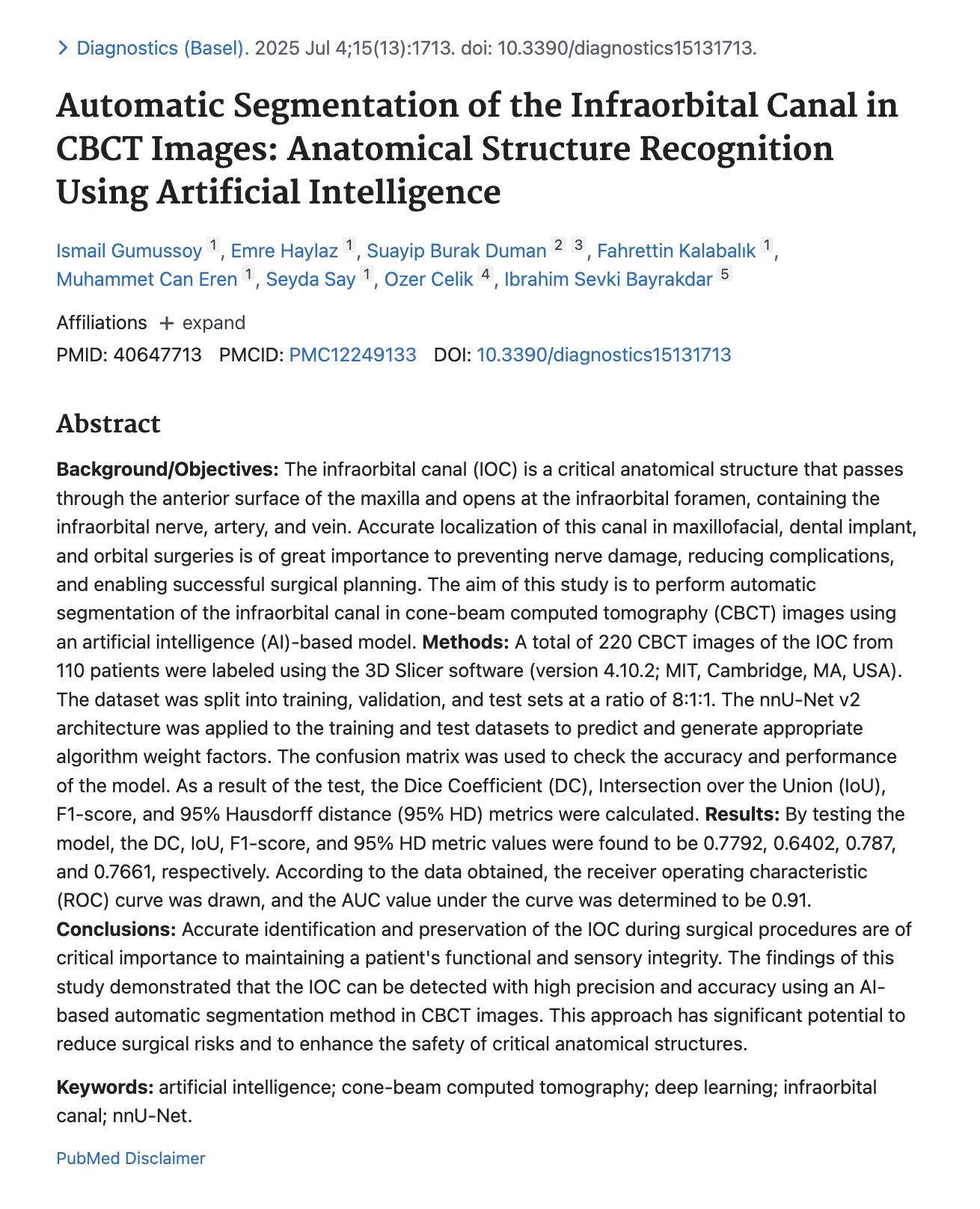 İnfraorbital Kanal Segmentasyonu ve Yapay Zekâ: CBCT