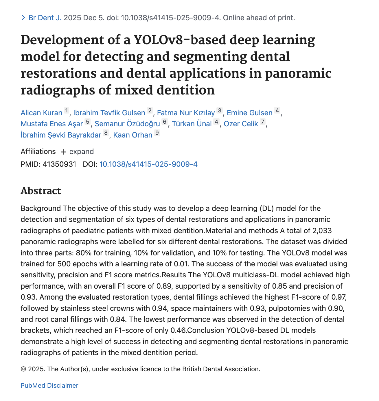 Karışık Dişlenmede Restorasyon Tespiti ve YOLOv8