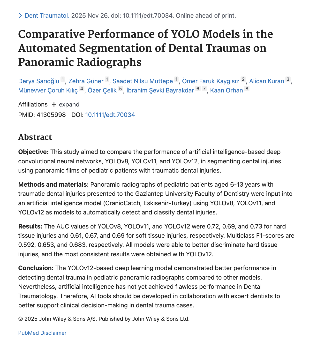 Panoramik Radyografide Diş Travması ve YOLO Modelleri