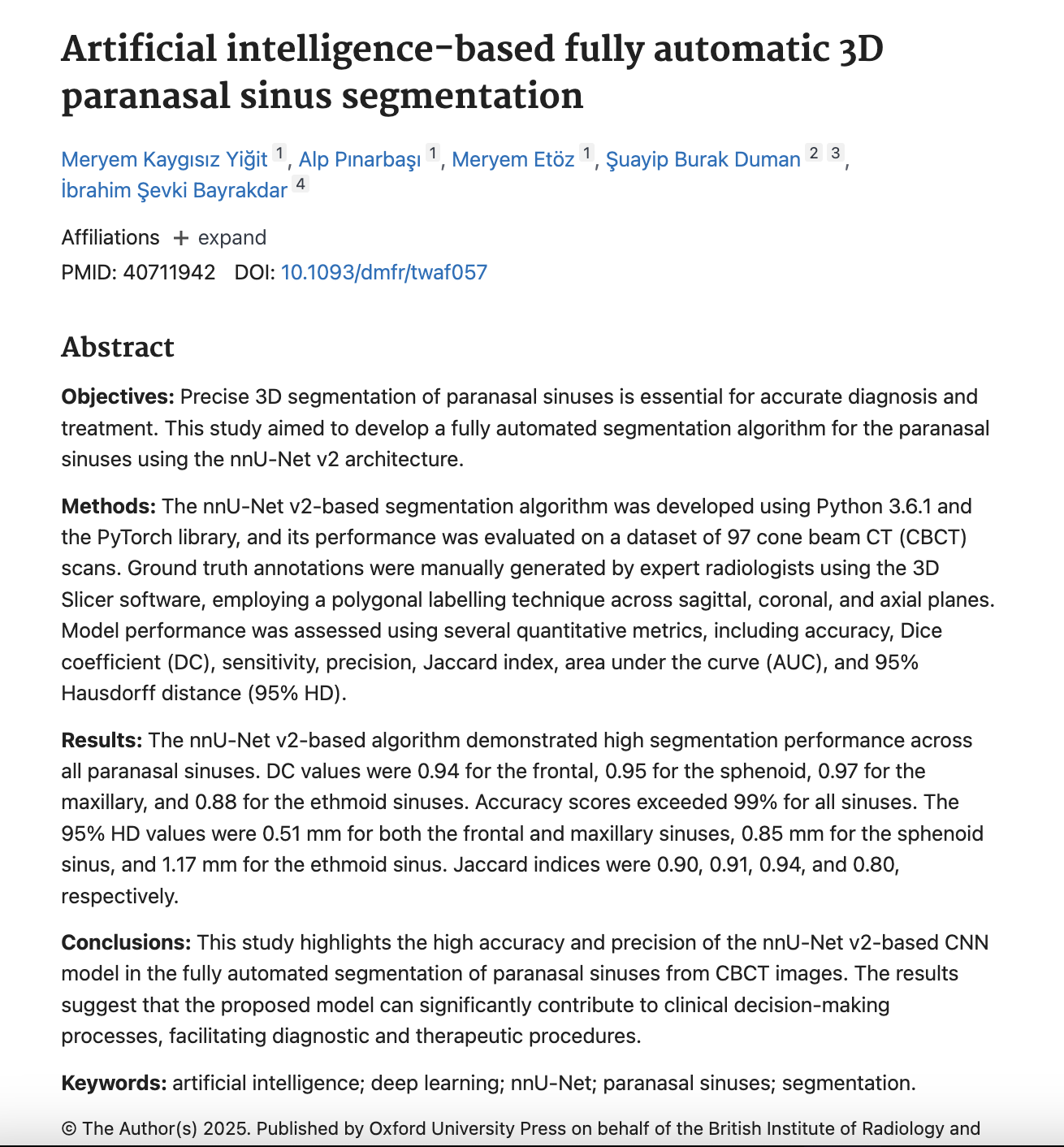 Yapay Zekâ ile 3B Paranazal Sinüs Segmentasyonu
