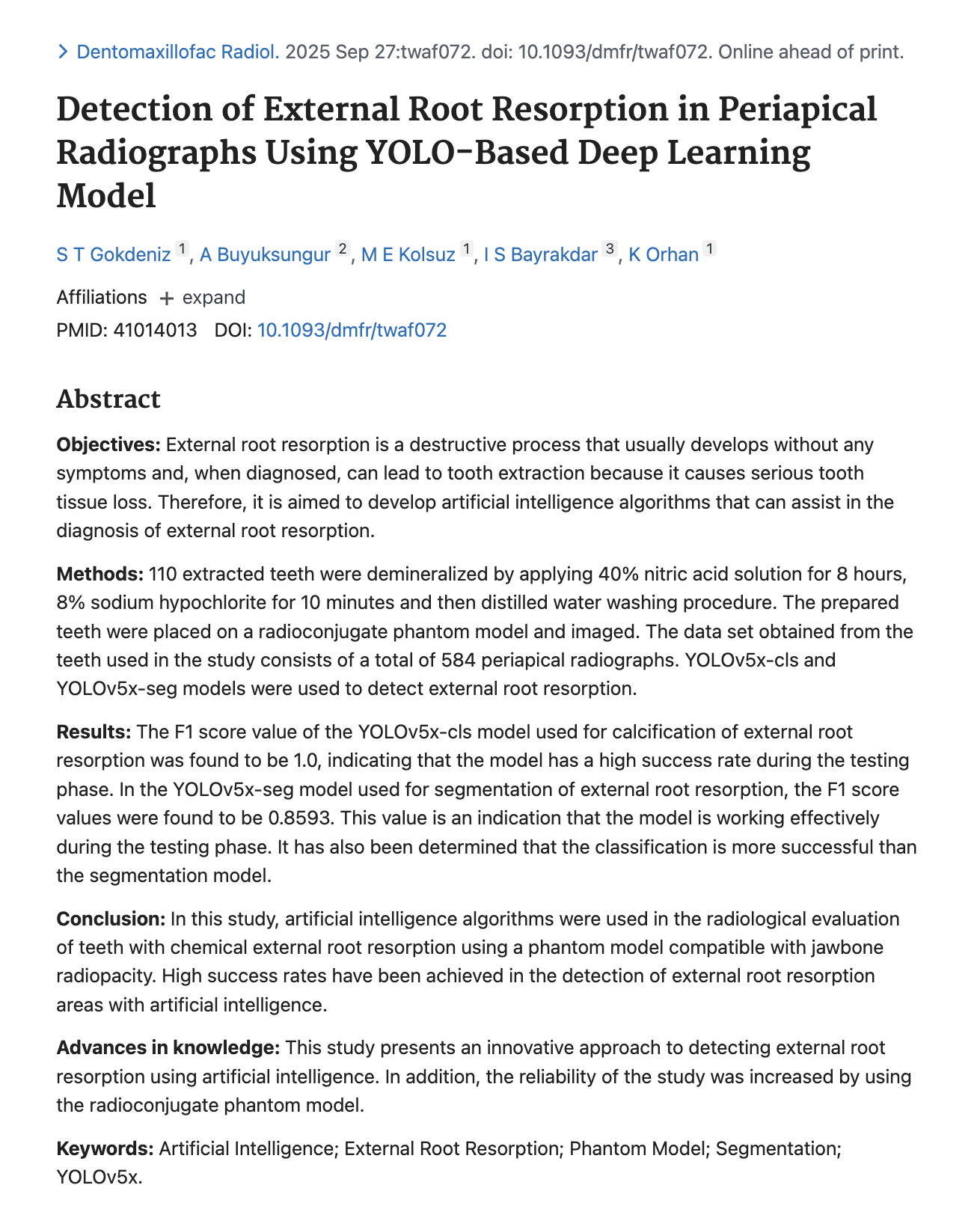 Yapay Zekâ ile Dış Kök Rezorbsiyonu Tespiti