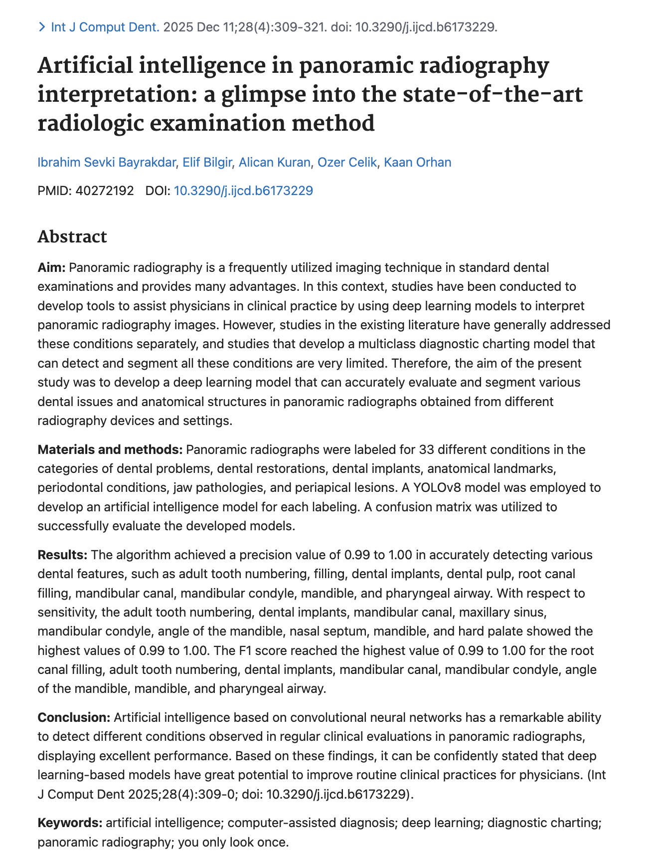 Panoramik Radyografide Çok Sınıflı Yapay Zekâ Analizi