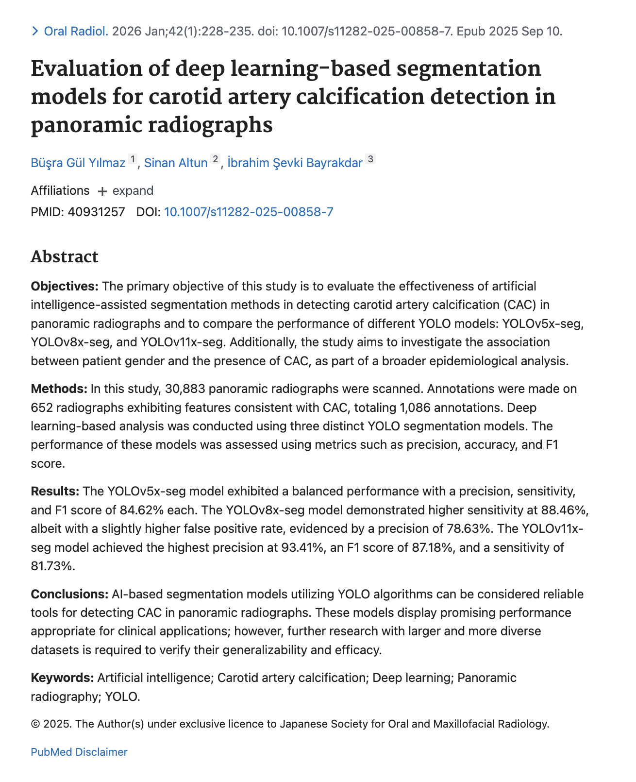 Panoramik Radyografide Karotis Kalsifikasyonu ve YZ