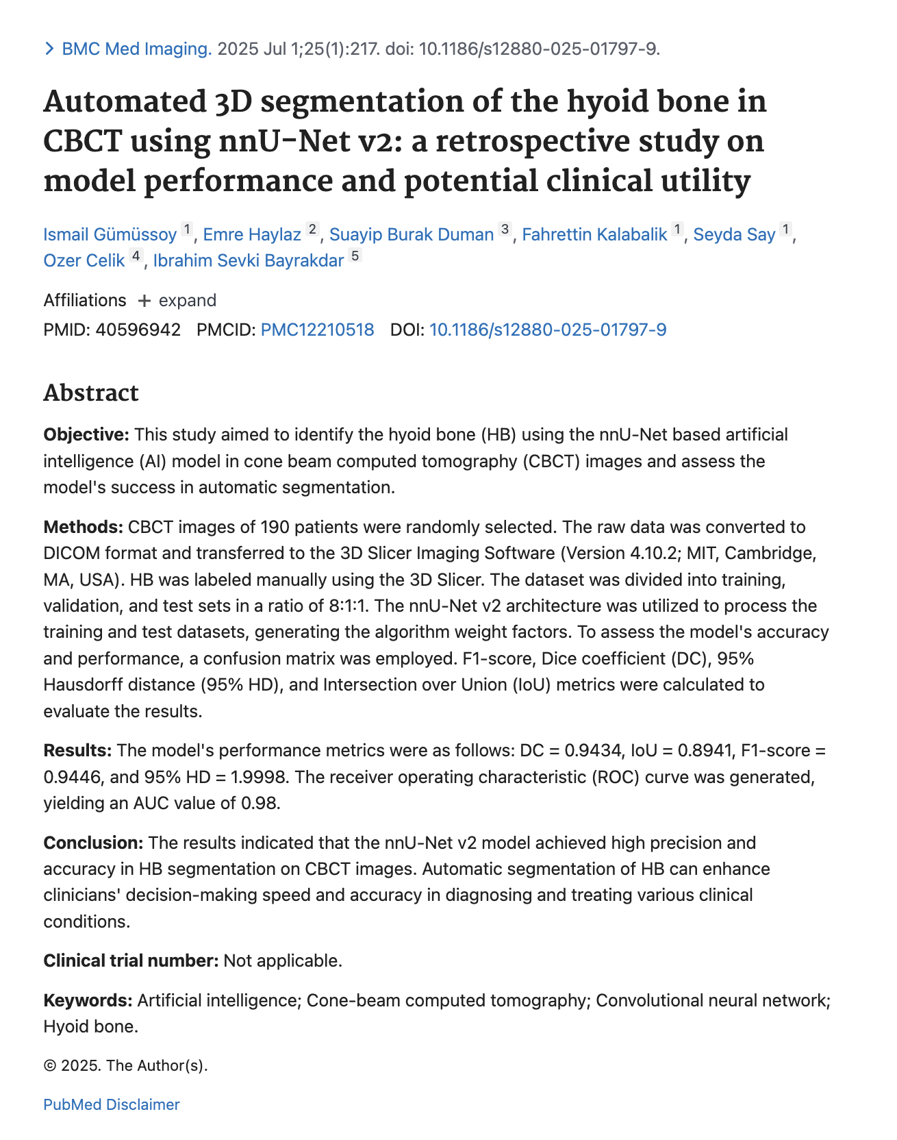 CBCT ile Hiyoid Kemiği 3B Segmentasyonu ve YZ