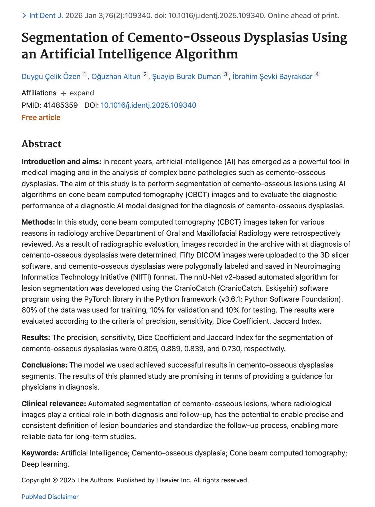 Kemento-Osseöz Displazi ve Yapay Zekâ: CBCT Analizi