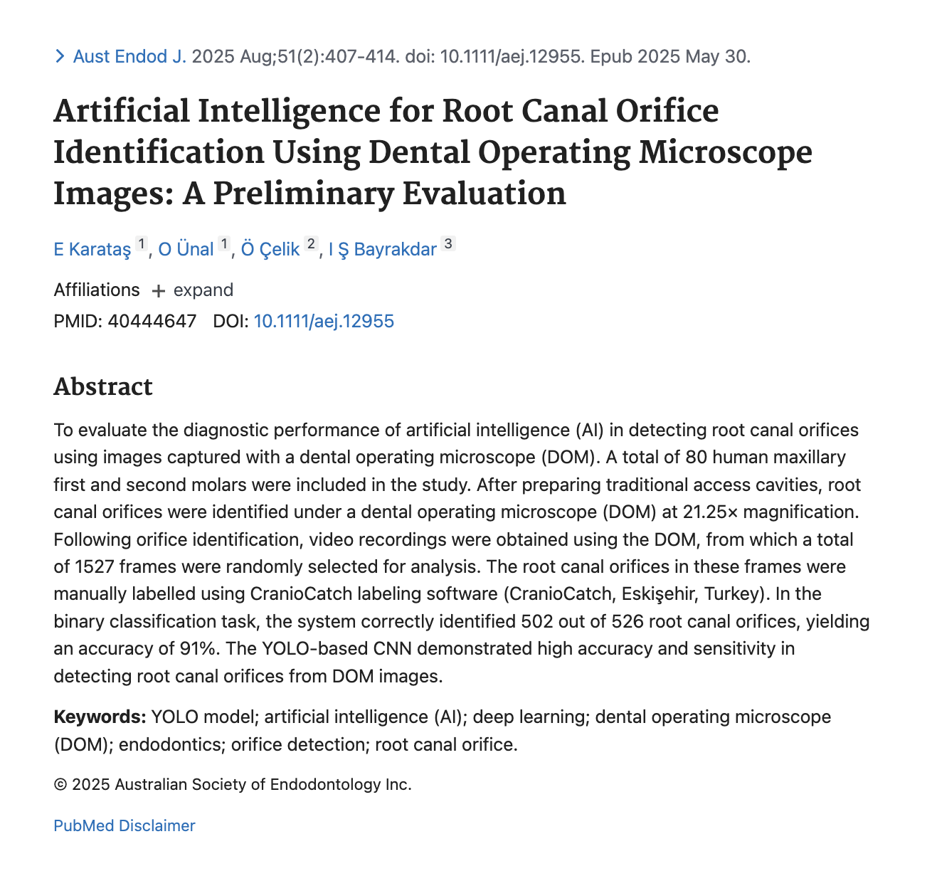 Diş Mikroskobunda Yapay Zekâ ile Kök Kanal Orifi Tespiti