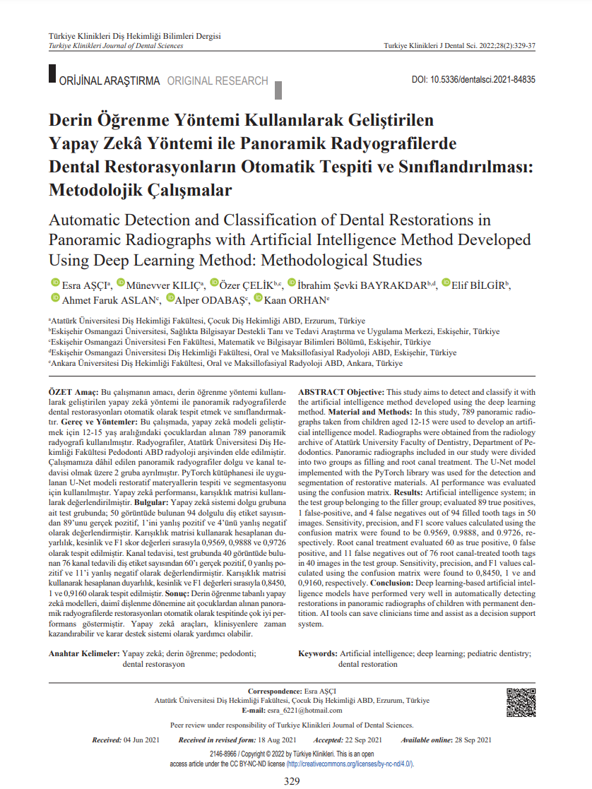 Derin Öğrenme Yöntemi Kullanılarak Geliştirilen Yapay Zeka Yöntemi ile Panoramik Radyografilerde Diş Restorasyonlarının Otomatik Tespiti ve Sınıflandırılması: Metodolojik Çalışmalar