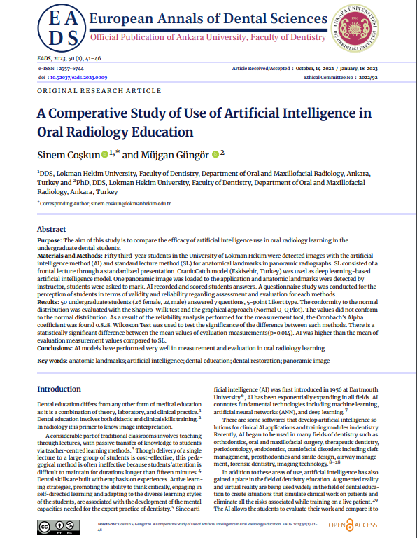 Teknolojide Yapay Zeka Kullanımına İlişkin Karşılaştırmalı Bir Çalışma Oral Radyoloji Eğitimi