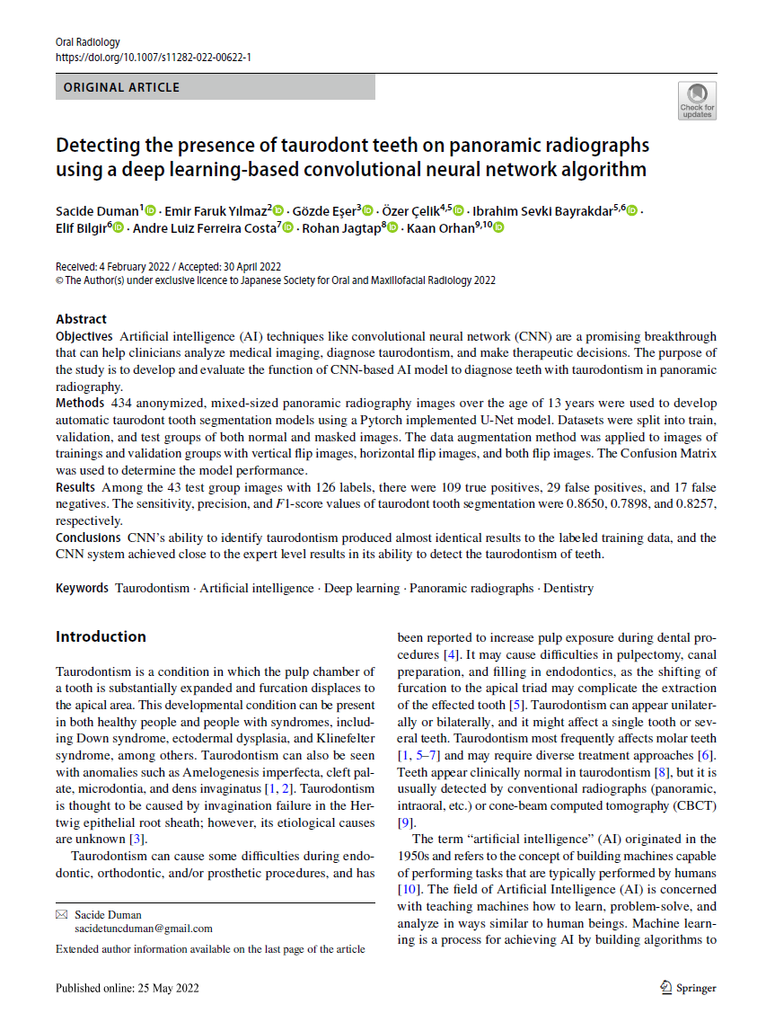 Detecting the presence of taurodont teeth on panoramic radiographs using a deep learning-based convolutional neural network algorithm