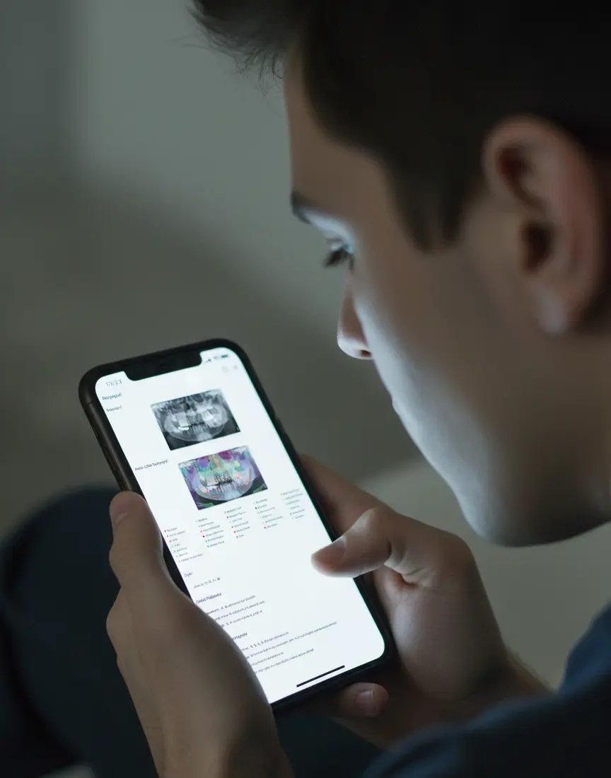 Patient reviewing dental X-ray analysis on mobile device with AI-powered CranioCatch application - teledentistry solution