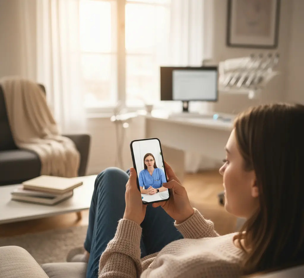 Patient having video consultation with dentist for remote examination and treatment planning through digital dentistry application