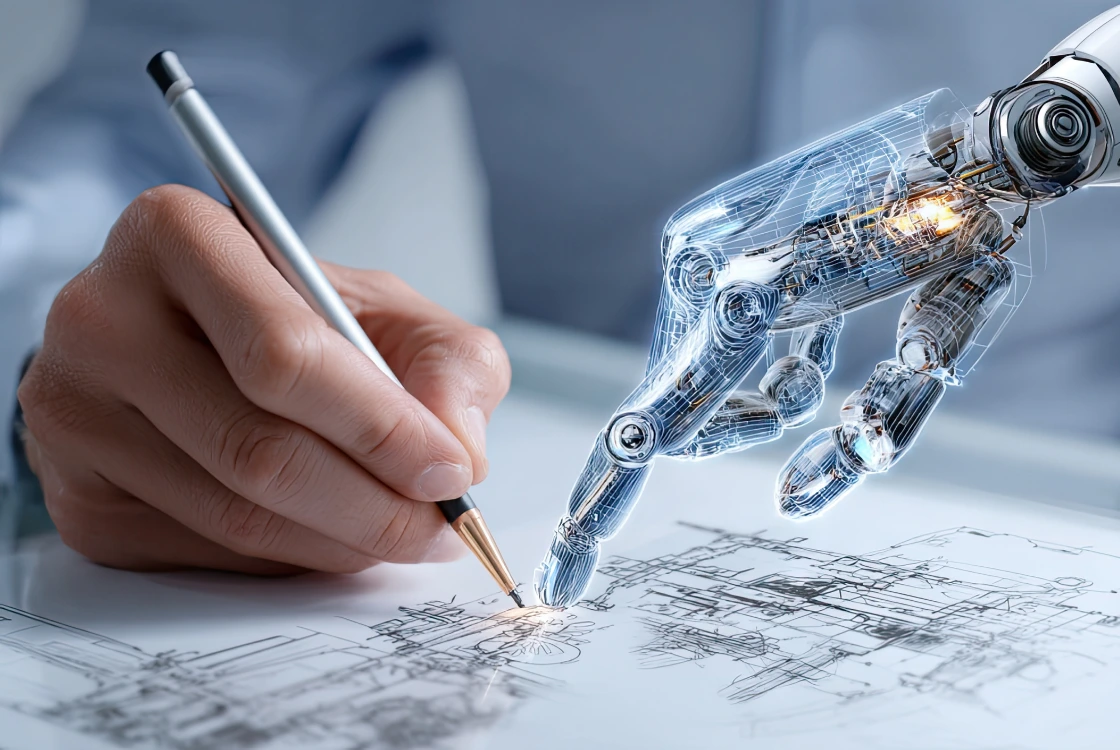 Teknik bir proje veya çizim üzerinde çalışırken insan uzmanı yönlendiren ve destek olan şeffaf yapay zeka robot eli.