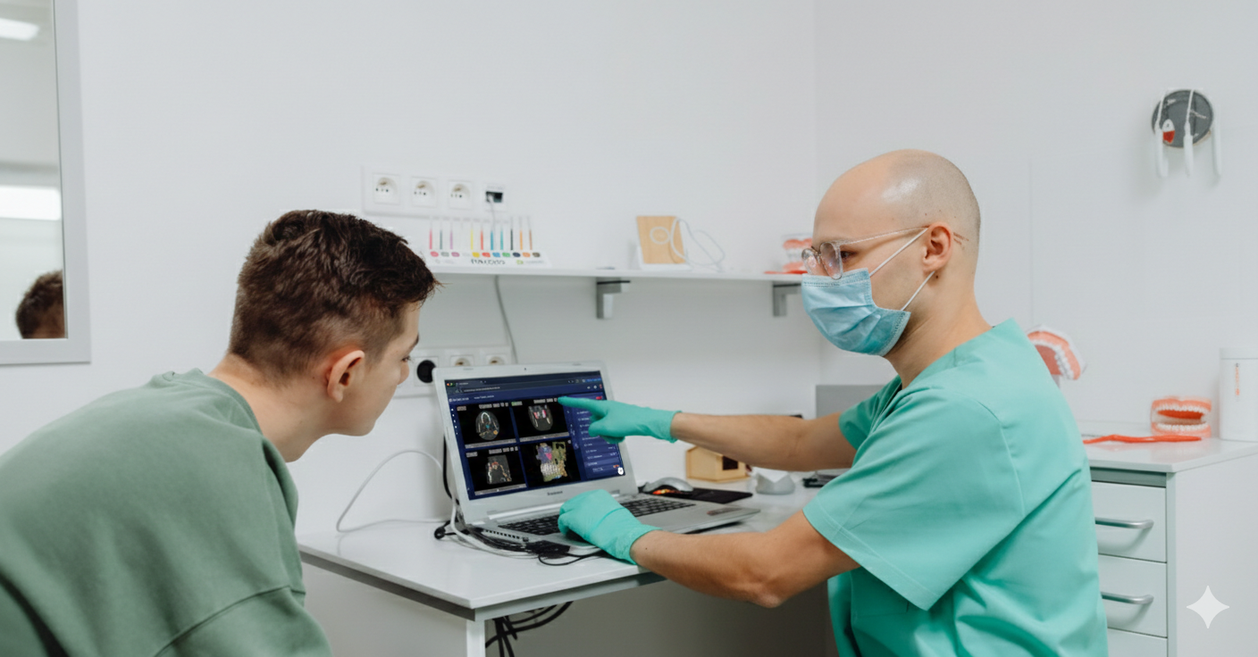 Bir diş hekiminin, yapay zeka destekli CBCT analiz ekranında hasta ile konuşması.