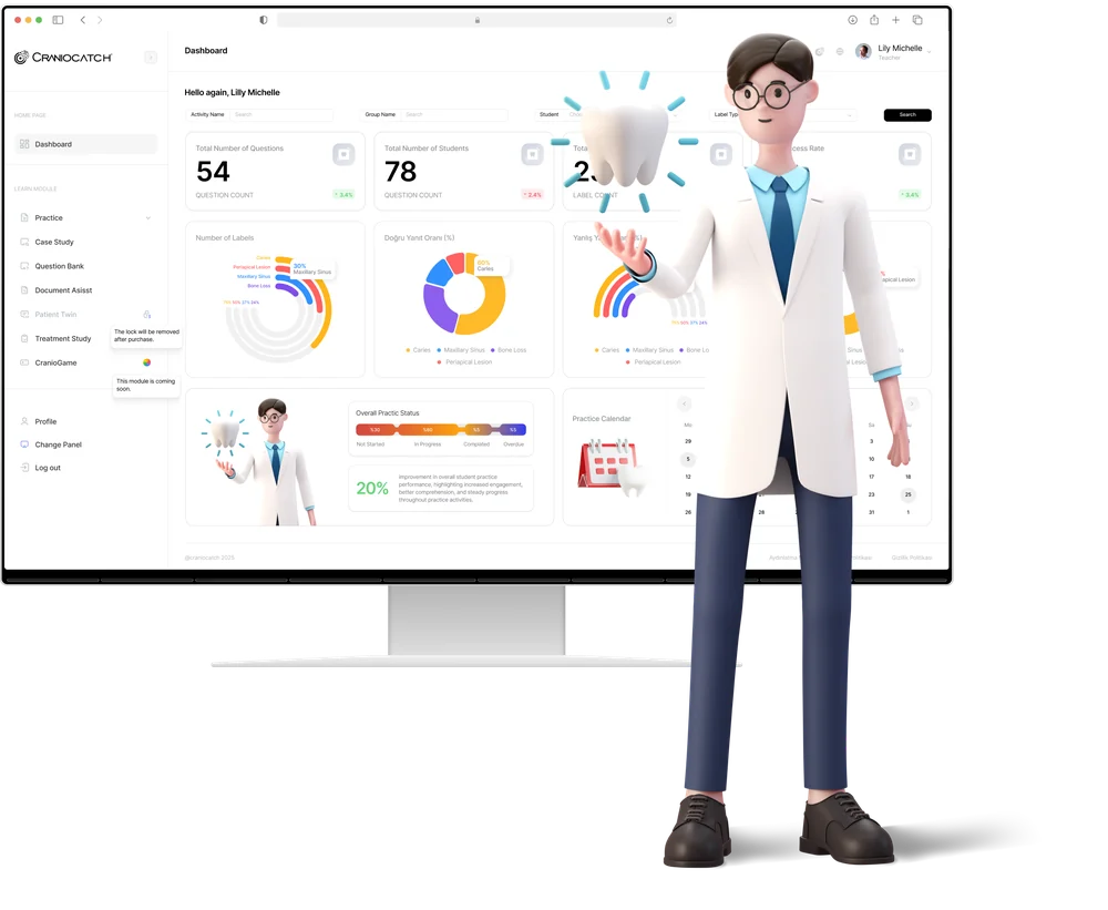 Monitörde CranioCatch Edu paneli ve öğrenci istatistiklerini inceleyen diş hekimi